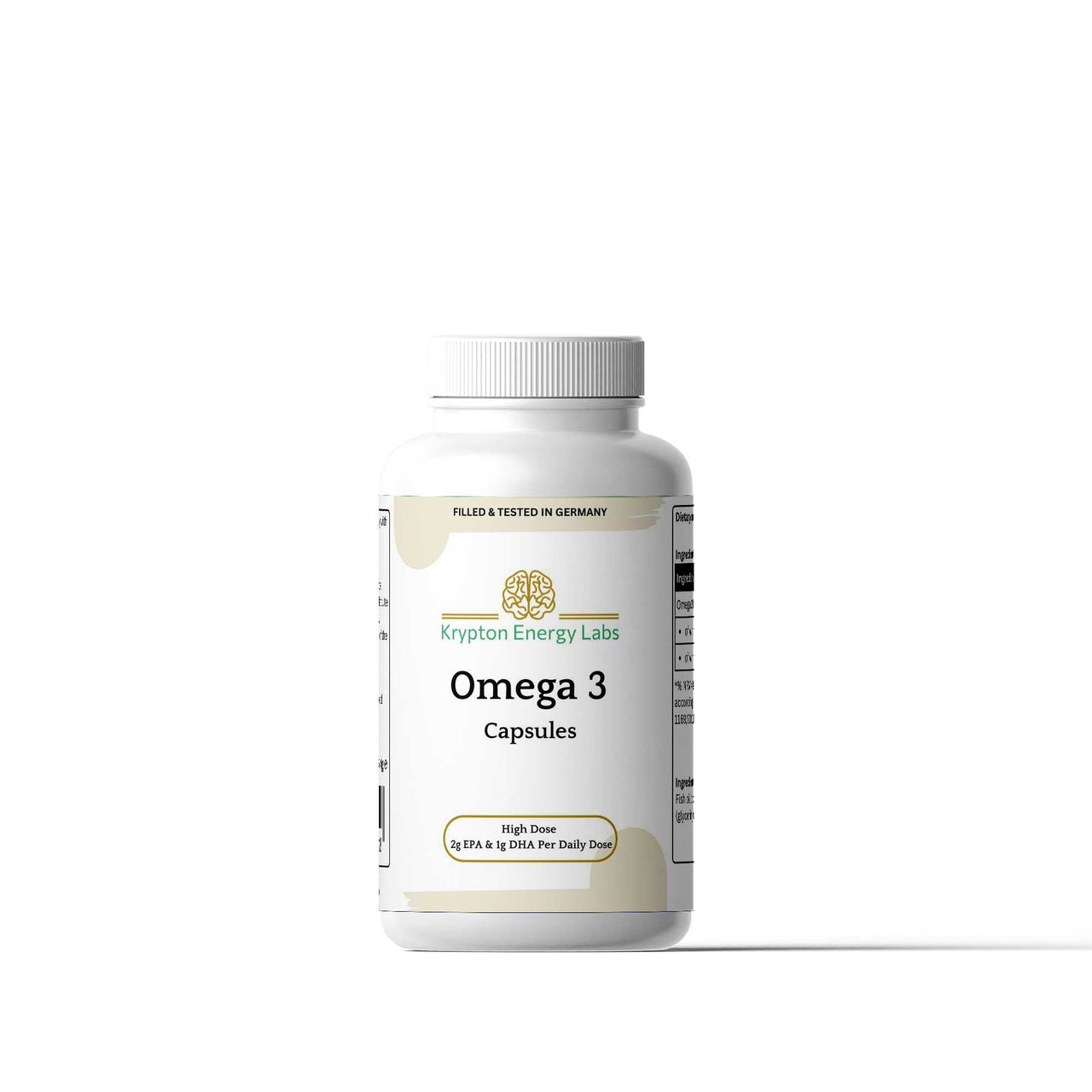 Omega 3 fatty acid supplement bottle supporting heart and brain health.