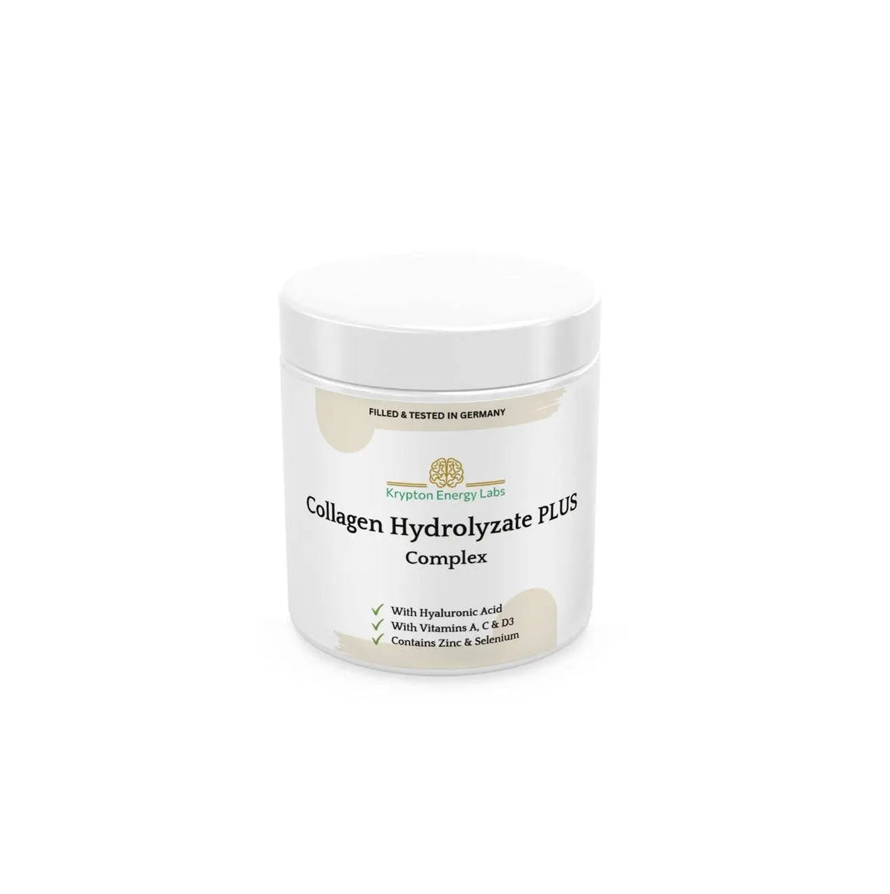 A white plastic container labeled "Collagen Hydrolysate PLUS" from Krypton Energy Labs. It lists ingredients, including hyaluronic acid, vitamins A, C, and D3, zinc, selenium, and pomegranate extract. The text "Filled & Tested in Germany" is at the top of the label.