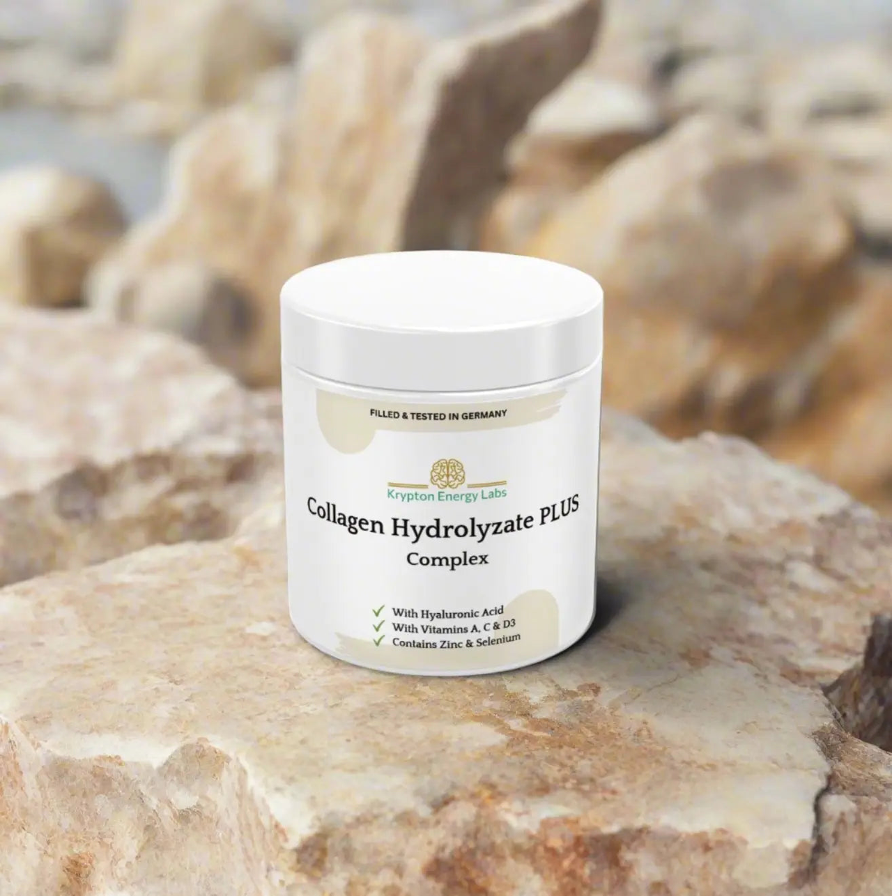 A white container labeled "Krypton Energy Labs Collagen Hydrolysate PLUS" sits on a rocky surface. It mentions ingredients like Hyaluronic Acid, Pomegranate Extract, Vitamins A, C & D3, Zinc, and Selenium, and notes it is filled and tested in Germany.