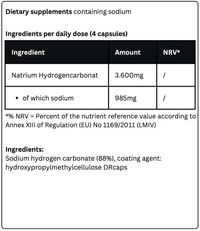 Thumbnail for The ingredient list for Krypton Energy Labs' Sodium Hydrogen Carbonate dietary supplement, which supports digestive health with sodium, includes 3,600 mg of Natrium Hydrogenocarbonat per 4 capsules (providing 985 mg of sodium). Ingredients: Sodium hydrogen carbonate (88%) and hydroxypropylmethylcellulose DRcaps.