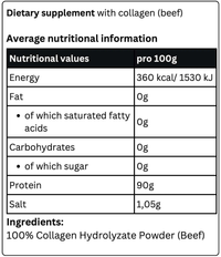 Thumbnail for The dietary supplement label for Krypton Energy Labs Collagen Powder shows nutritional information per 100g: 360 kcal/1530 kJ of energy, 0g fat, 0g saturated fatty acids, 0g carbohydrates, 0g sugar, 90g protein, and 1.05g salt. Ingredient: 100% Collagen Hydrolyz.