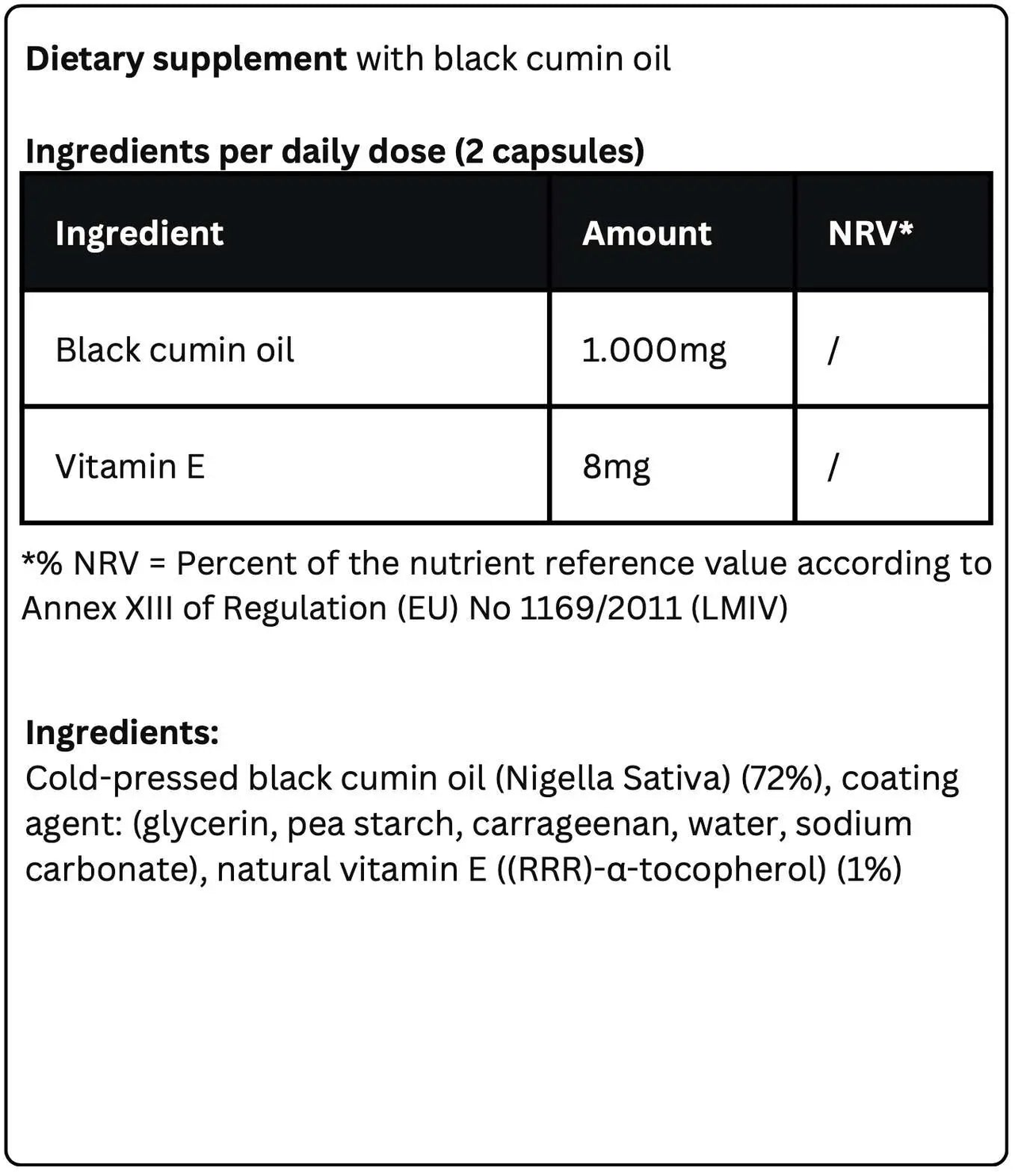 A table titled "Black Cumin Seed Oil by Krypton Energy Labs" lists ingredients per daily dose (2 capsules): 1,000mg of cold-pressed black cumin seed oil and 8mg of Vitamin E. Ingredients include 72% cold-pressed black cumin oil and various additives, known for their anti-inflammatory and antioxidant properties.