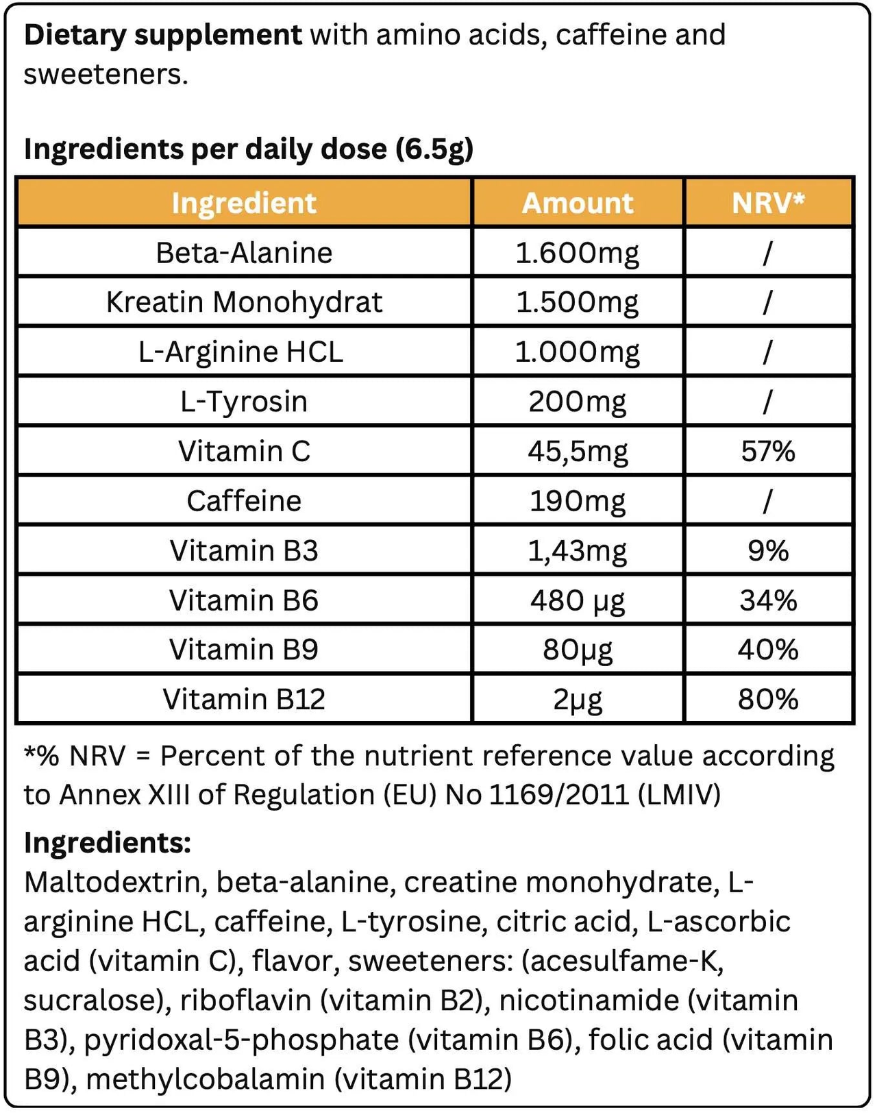 Image of the dietary supplement label for "Pre-Workout Booster - Orange" by Krypton Energy Labs, detailing the ingredients and nutritional values for a daily dose (6.5g). This Pre-Workout Booster includes beta-alanine, creatine monohydrate, caffeine for increased energy levels, and various vitamins. Also listed are non-active ingredients like maltodextrin and sweeteners.