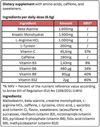 Thumbnail for Here's a revised version of the sentence using the given product data:

A table displaying the ingredients and their quantities in Krypton Energy Labs' Pre-Workout Booster - Raspberry, featuring amino acids, caffeine, and sweeteners per daily dose (6.5g). It includes Beta-Alanine (1.6g), Kreatin Monohydrat (1.5g), and various vitamins for enhanced workout performance and energy levels. The complete list of ingredients is provided below the table.