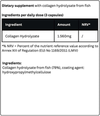 Thumbnail for The dietary supplement information label for Marine Collagen from Krypton Energy Labs details a daily dose of 3 capsules containing 1,560 mg of Marine Collagen Hydrolysate derived from fish. The ingredient list highlights collagen hydrolysate from fish (79%) for skin and joint health, along with the coating agent hydroxypropylmethylcellulose.