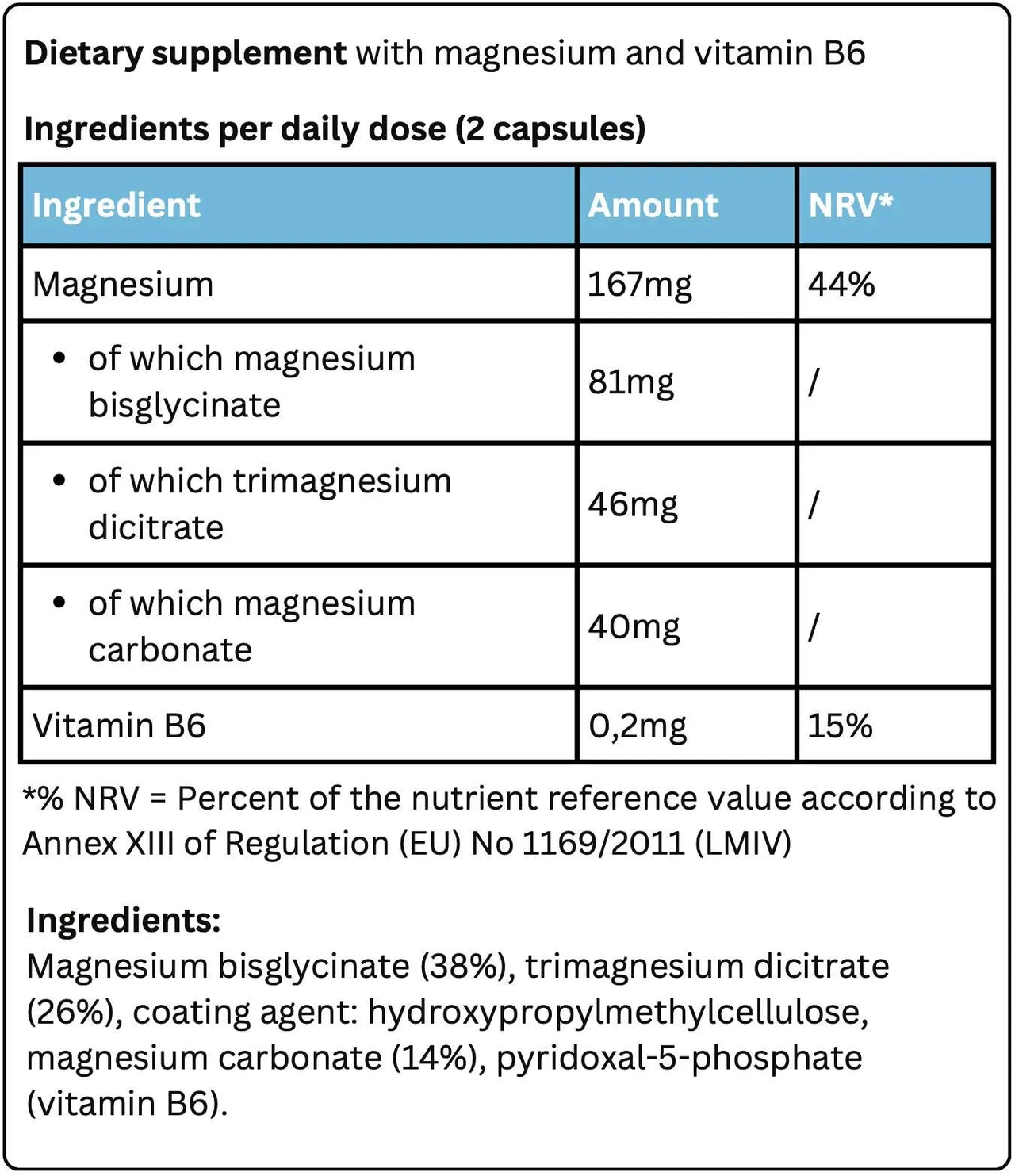 A dietary supplement label for Magnesium Complex by Krypton Energy Labs and vitamin B6. It lists ingredients per daily dose (2 capsules): 167mg magnesium (81mg bisglycinate, 46mg trimagnesium dicitrate, 40mg magnesium carbonate) and 0.2mg vitamin B6 (15% NRV), designed to support muscle function and energy production. Ingredients list included.