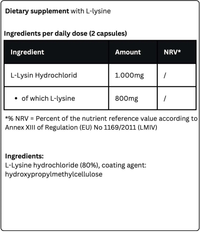 Thumbnail for Introducing L-Lysin by Krypton Energy Labs: Each daily dose (2 capsules) contains 1,000mg of L-lysine hydrochloride, delivering 800mg of L-lysine to enhance immune function and collagen production. The ingredients in this dietary supplement include 80% L-lysine hydrochloride and hydroxypropylmethylcellulose as the coating agent.