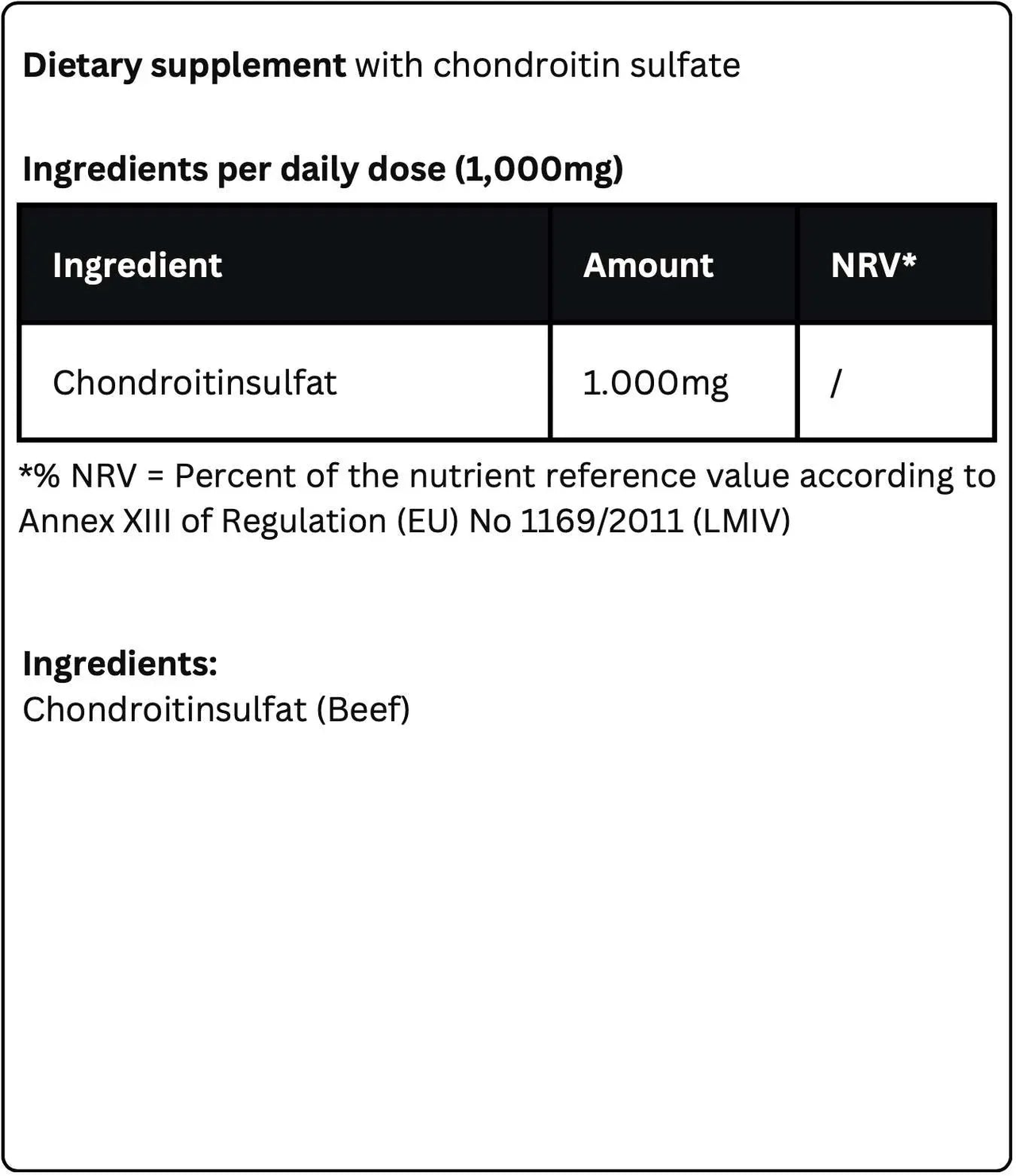 A label for Chondroitin Powder by Krypton Energy Labs, a dietary supplement focused on joint health containing chondroitin sulfate. The ingredient listed is chondroitin sulfate (beef) with an amount of 1,000 mg per daily dose. Compliance with EU Regulation No 1169/2011 (LMIV) is noted, though the NRV is not provided. Ideal for managing osteoarthritis symptoms.