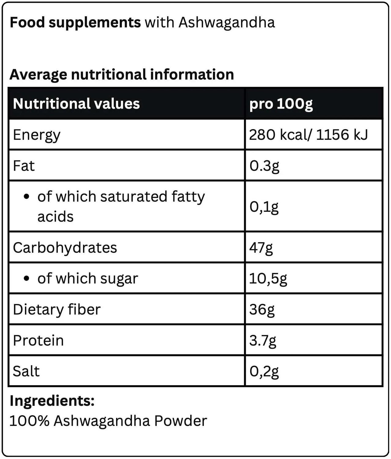 A nutritional information table for Krypton Energy Labs' Ashwagandha Powder, an adaptogenic herb known for its ability to reduce stress and anxiety. Per 100g: Energy 280 kcal/1156 kJ, Fat 0.3g (0.1g saturated), Carbohydrates 47g (10.5g sugars), Dietary fiber 36g, Protein 3.7g.