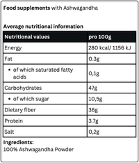 Thumbnail for A nutritional information table for Krypton Energy Labs' Ashwagandha Powder, an adaptogenic herb known for its ability to reduce stress and anxiety. Per 100g: Energy 280 kcal/1156 kJ, Fat 0.3g (0.1g saturated), Carbohydrates 47g (10.5g sugars), Dietary fiber 36g, Protein 3.7g.