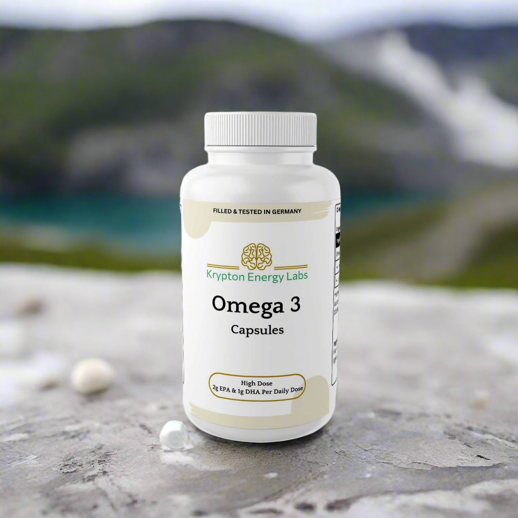 Omega 3 supplement bottle for heart and brain health, 120 capsules.