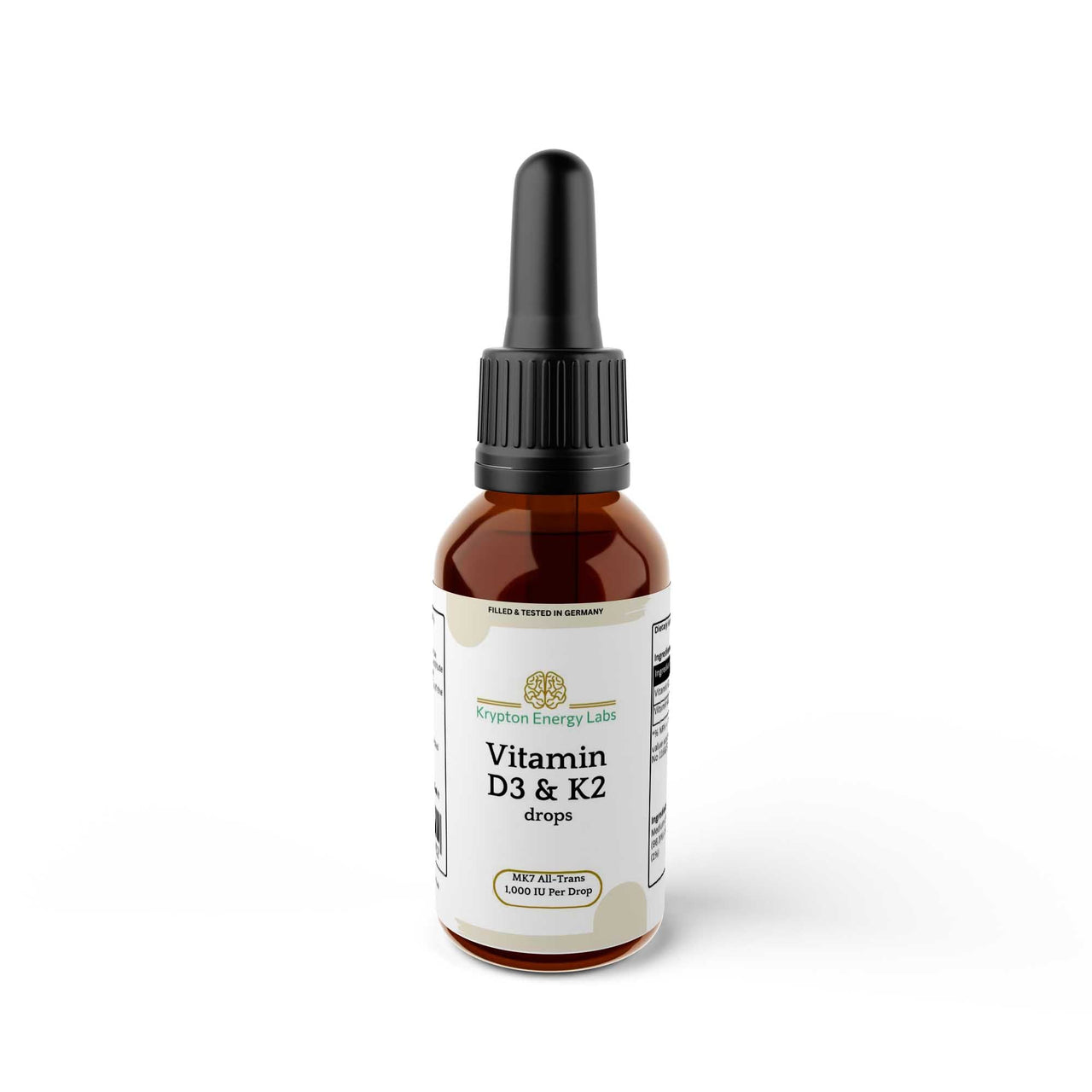 Bottle of Vitamin D3 + K2 drops, 20ml, supports bone, cardiovascular, and immune health.