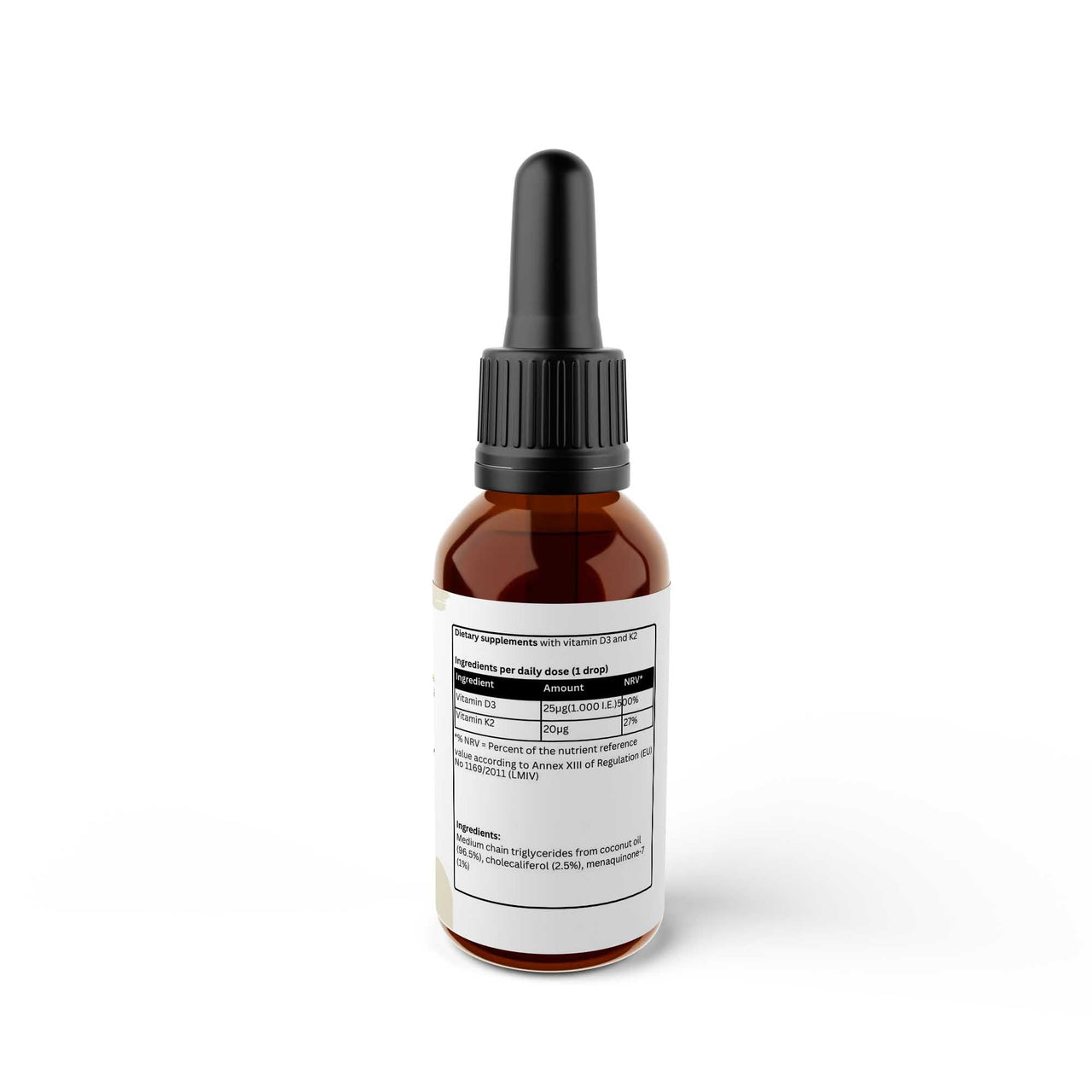 Bottle of Vitamin D3 + K2 supplement, 20ml, supports bone health, cardiovascular function, and immune system.