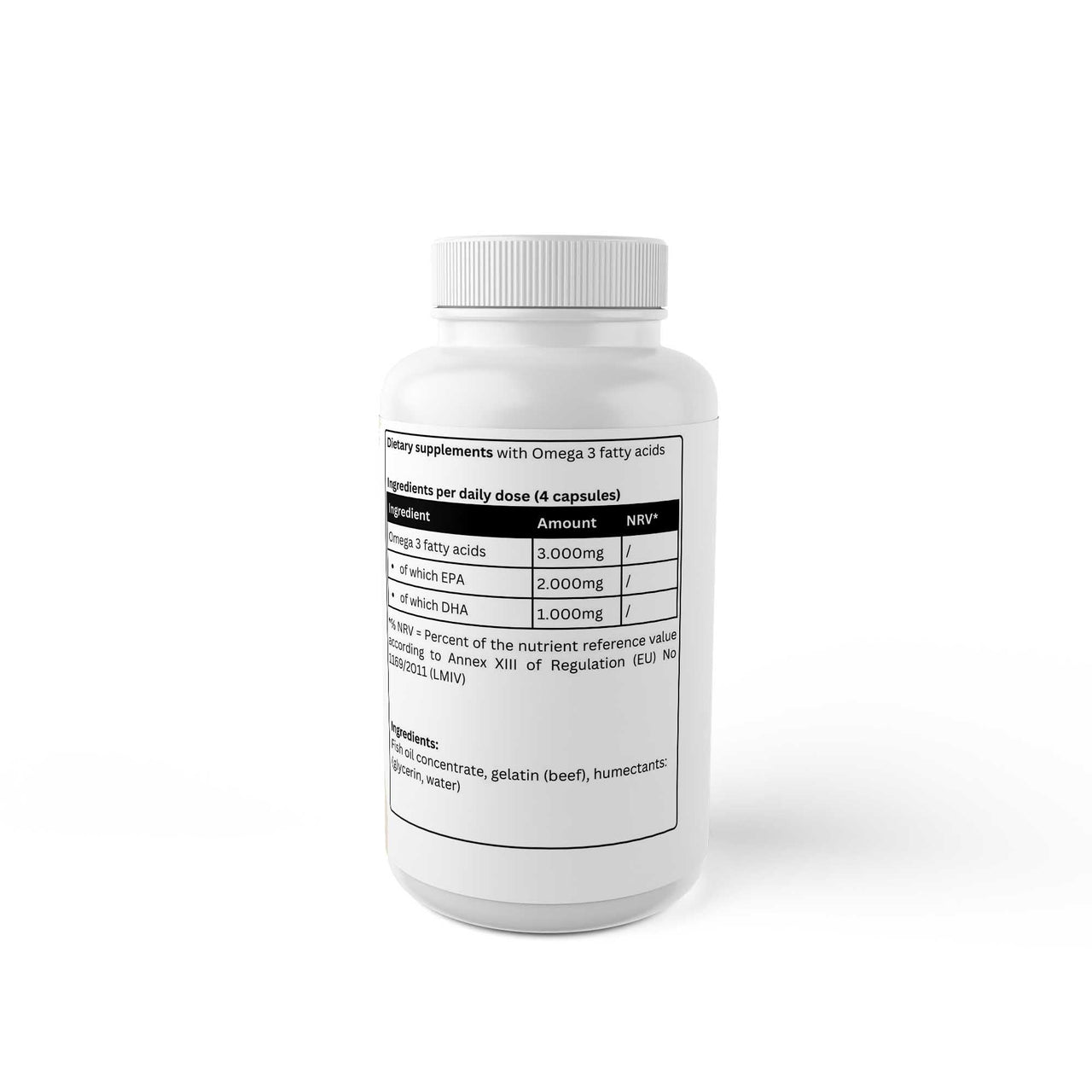 Omega 3 supplement bottle with label detailing ingredients and daily dosage.