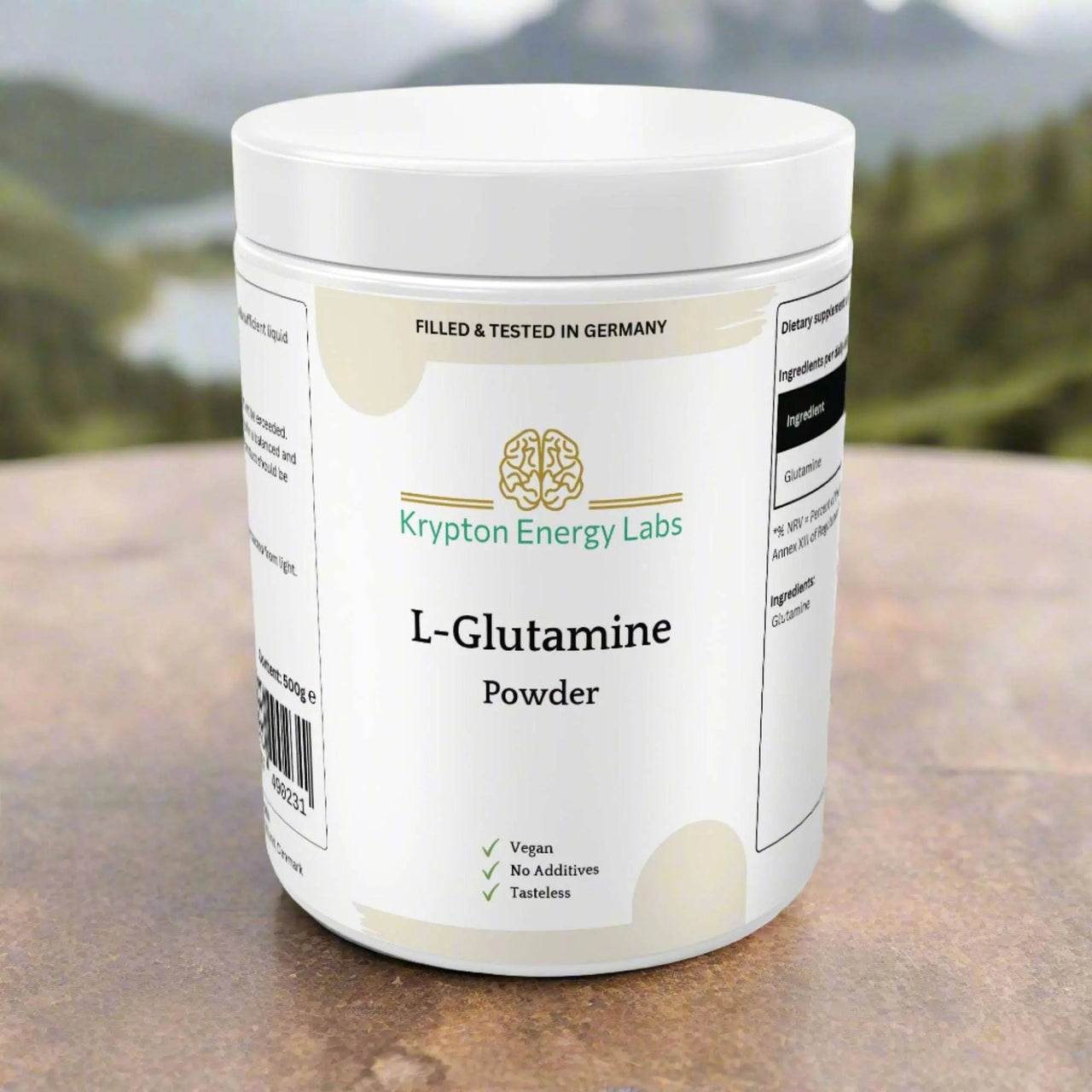 A white container labeled "L-Glutamine Powder" by Krypton Energy Labs is placed outdoors on a wooden surface with a blurred natural background. Marked "Vegan," "No Additives," "Tasteless," and "Filled & Tested in Germany," it's perfect for muscle recovery and supporting immune function.