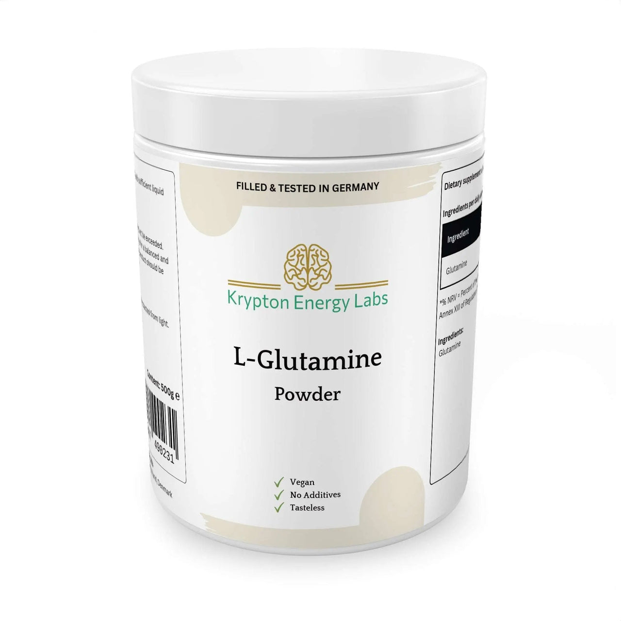 A white cylindrical container labeled "L-Glutamine Powder" by Krypton Energy Labs, recognized for boosting immune function and aiding muscle recovery. The label indicates it is "Filled & Tested in Germany," "Vegan," "No Additives," and "Tasteless." The container features a green logo with an atom-like design.