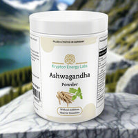 Thumbnail for A jar of Ashwagandha Powder from Krypton Energy Labs is placed on a marble surface outdoors, set against a picturesque backdrop of mountains and a lake. Filled and tested in Germany, this additive-free powder is perfect for smoothies, aiding in stress reduction and enhancing athletic performance.