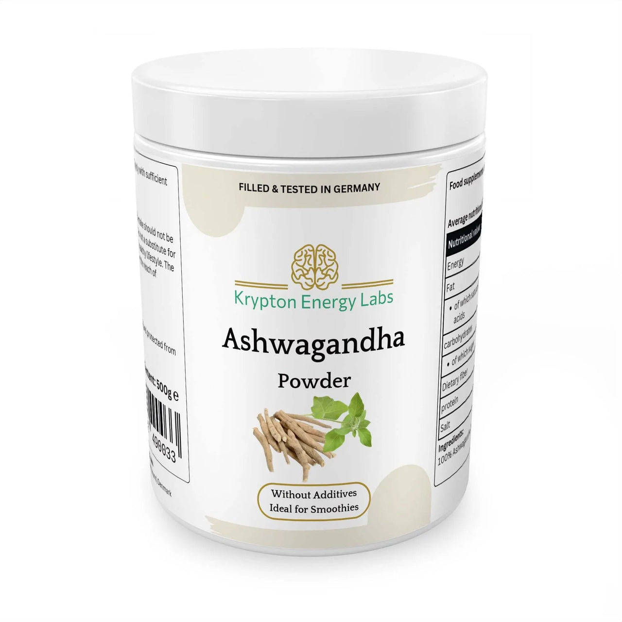 A white container from Krypton Energy Labs, labeled "Ashwagandha Powder." The packaging indicates "Filled & Tested in Germany" and highlights "Without Additives - Ideal for Smoothies." An image of ashwagandha roots and leaves is featured on the front, promoting stress reduction and athletic performance.