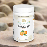 Thumbnail for A white container of Krypton Energy Labs' Pre-Workout Booster - Orange rests on a rocky surface. The label highlights its content of amino acids, caffeine, Vitamin C, and Vitamin B-Complex to enhance energy levels and endurance. It is manufactured and tested in Germany, featuring an image of oranges.