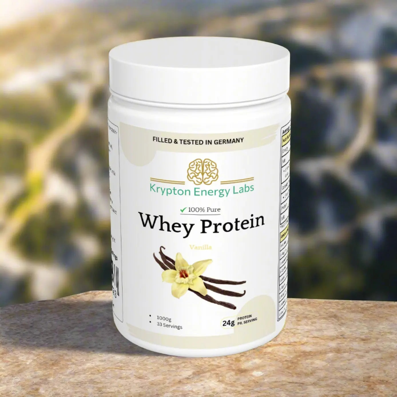 A container labeled "Premium Whey - Vanilla" from Krypton Energy Labs features an image of a vanilla flower and beans. The text indicates it's filled and tested in Germany, weighs 1000g, offers 33 servings, and contains 24g of protein per serving for optimal muscle growth.