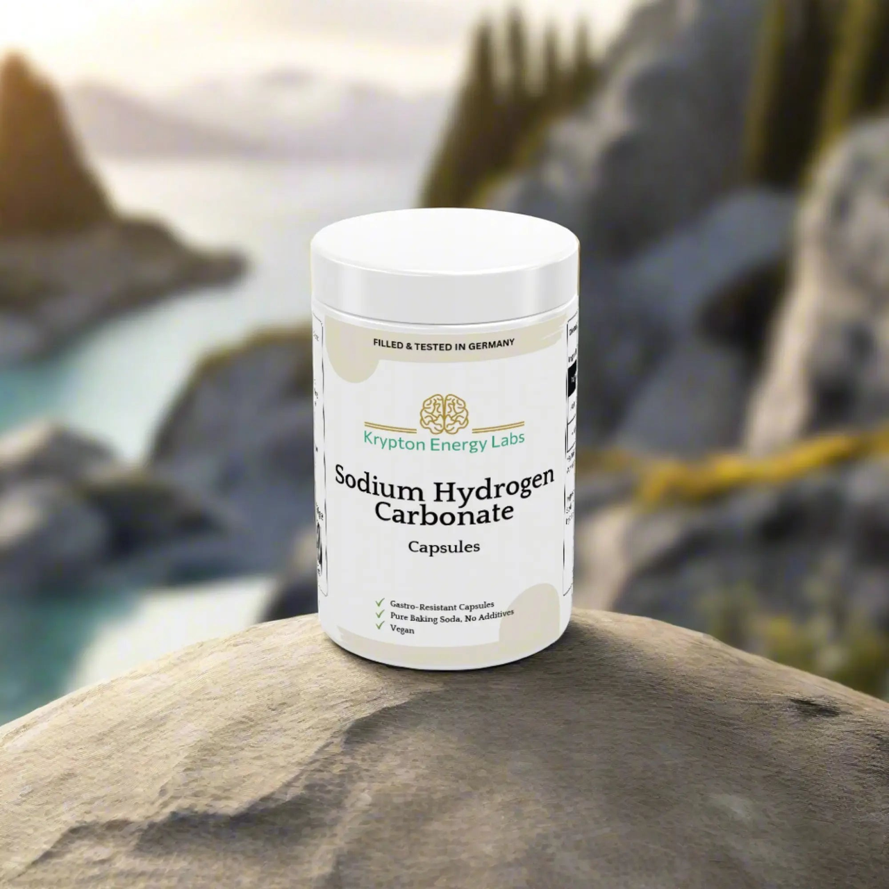 A Krypton Energy Labs container of Sodium Hydrogen Carbonate sits on a rock with a scenic, blurred view of mountains and a lake in the background. The container emphasizes features such as being vegan and free from additives, promoting digestive health.