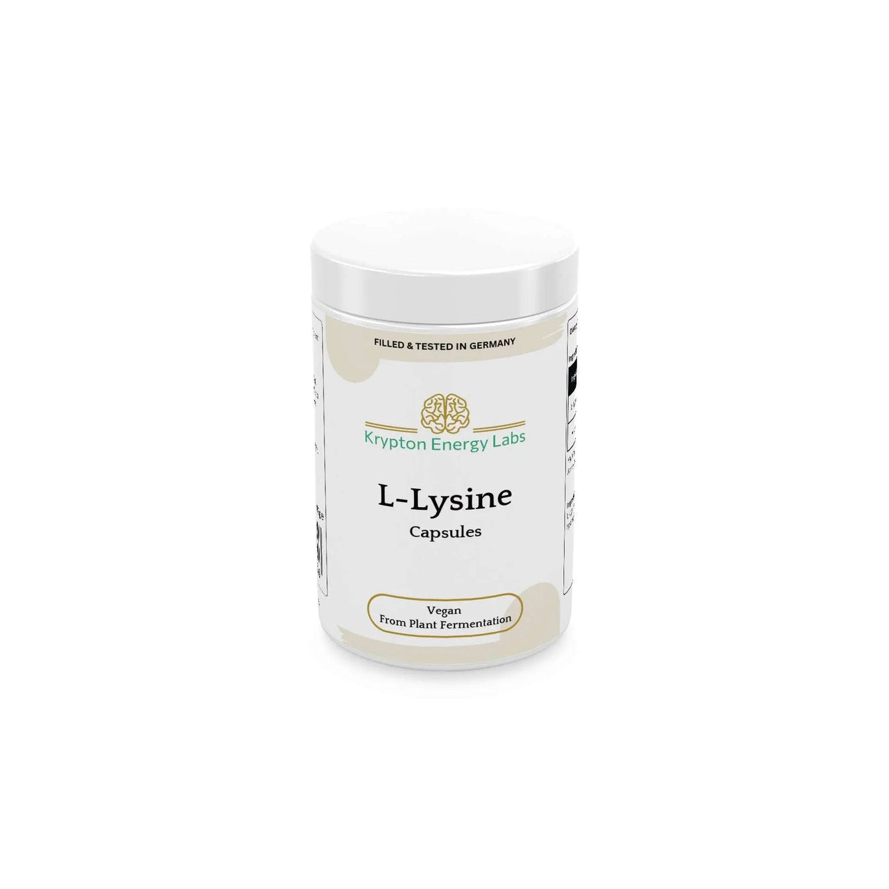 A white container of Krypton Energy Labs L-Lysin capsules is shown. The label indicates the product is vegan, made from plant fermentation, and filled and tested in Germany. Promoting collagen production and immune function, a stylized brain logo is also visible on the label.