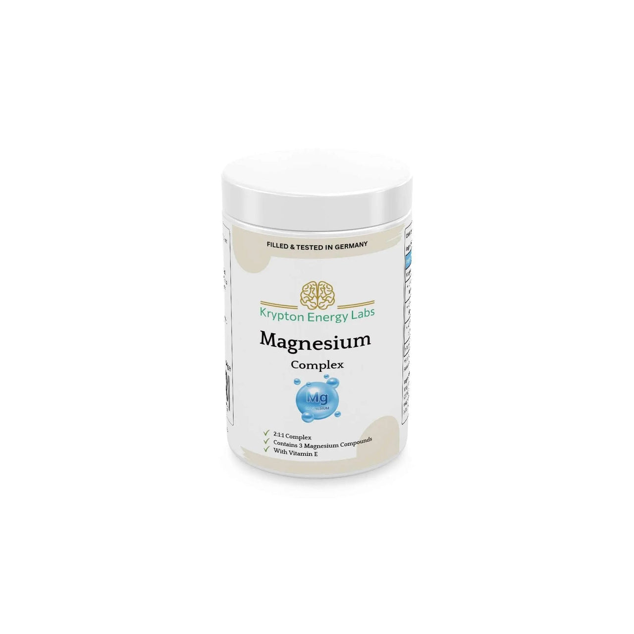 A white bottle labeled "Magnesium Complex" from Krypton Energy Labs features additional text "Filled & Tested in Germany" and "240 Capsules, With 17 Magnesium Compounds, With Vitamin B1." The label showcases a stylized brain logo and a blue magnesium icon, highlighting its support for muscle function.