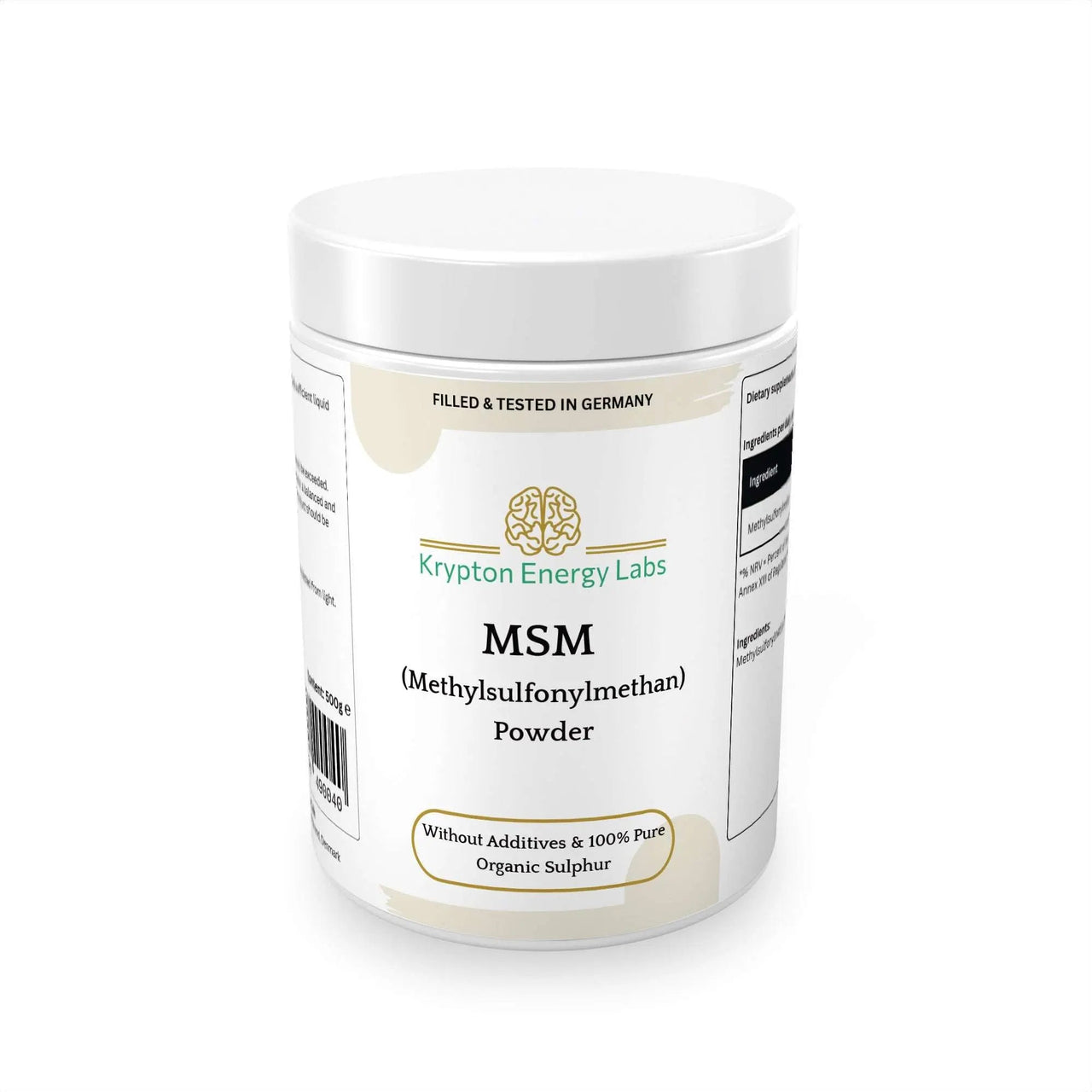 A white tub labeled with yellow and green from Krypton Energy Labs, contains MSM Powder (Methylsulfonylmethane). The label specifies that it is filled and tested in Germany, made of 100% pure and organic sulfur with no additives, and supports joint health.