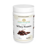 Thumbnail for A white cylindrical container of Krypton Energy Labs' Premium Whey - Chocolate, featuring a label adorned with images of chocolate pieces. The container indicates it holds 1000g of product, provides 33 servings, and offers 23g of protein per serving to support optimal muscle growth.