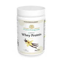 Thumbnail for A white container of Krypton Energy Labs' Premium Whey - Vanilla features an image of a vanilla flower and pods. It contains 1000g with 33 servings, offering 24g of protein per serving for optimal muscle growth. The text on the container states it is filled and tested in Germany.